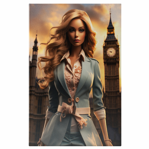 Tablou Canvas - Lady near Big Ben - Fata în Costum Albastru și Cămașă Albă, Marime 40x25CM