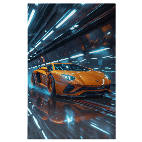 Vehicule - Tablou Canvas  Lamborghini Aventador S de Culoare Portocalie pe Strada Proaspat Plouata, Fanii Lamborghini , Pictura Digitala 40x25CM