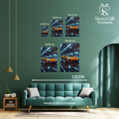 Tablou Canvas  Lamborghini Aventador S de Culoare Portocalie pe Strada Proaspat Plouata, Fanii Lamborghini , Pictura Digitala 40x25CM [3]