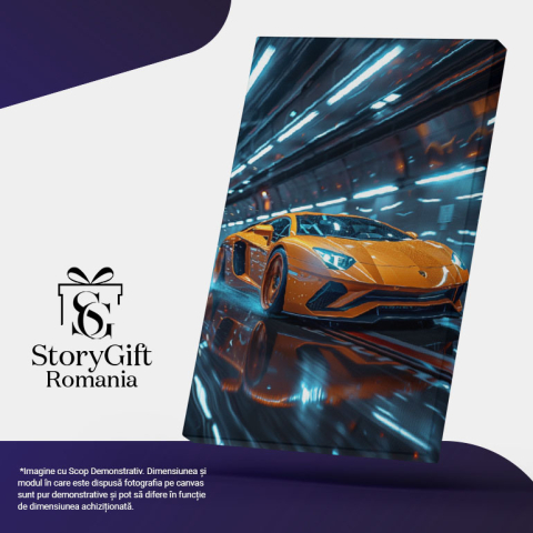 Tablou Canvas  Lamborghini Aventador S de Culoare Portocalie pe Strada Proaspat Plouata, Fanii Lamborghini , Pictura Digitala 40x25CM [4]