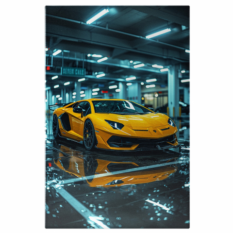 Lamborghini Clasic Galben - Tablou Canvas cu Mașina Luxoasă în Parcarea Subterană Inundată, Marime 40x25CM