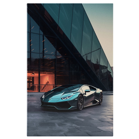 Tablouri Canvas - Tablou Canvas:  Lamborghini in fata unei cladiri - prezentare autovehicul scump Pictura Digitala 40x25CM