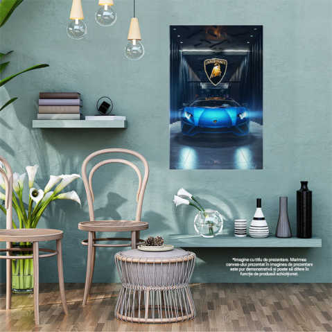 Tablou Canvas  Lamborghini Masina de Culoare Albastra, Expensive and Beautiful Sports Car, Fanii Lamborghini , Pictura Digitala 40x25CM [1]