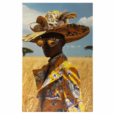 Wheat Field with Clear Sky and Black Woman in Yellow Suit - Digital Painting, Marime 40x25CM