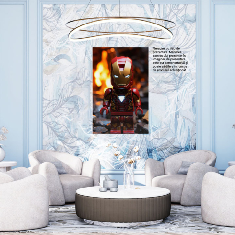 Tablou Canvas:  Lego Supererou imbracat in Rosu langa Foc cu Ochii si Semn Raza de Lumina   Pictura Digitala 40x25CM [1]