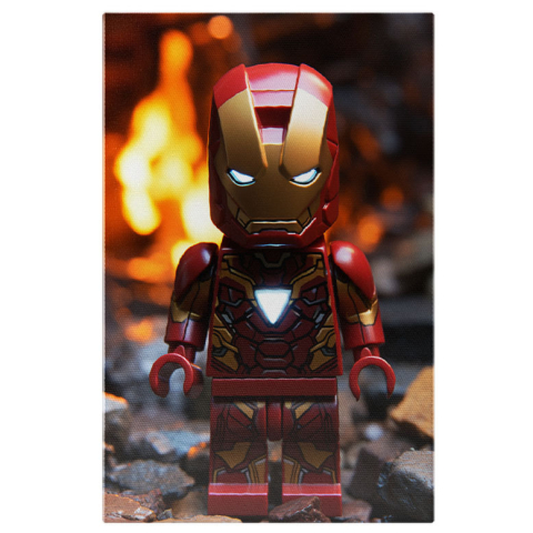 Personaje Desene Animate - Tablou Canvas:  Lego Supererou imbracat in Rosu langa Foc cu Ochii si Semn Raza de Lumina   Pictura Digitala 40x25CM