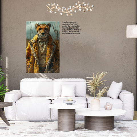 Tablou Canvas  Leopard cu Ochii Portocali Imbracat in Camasa si Vesta cu Palton Deasupra si Pantaloni cu Manusi , Pictura Digitala 40x25CM [1]