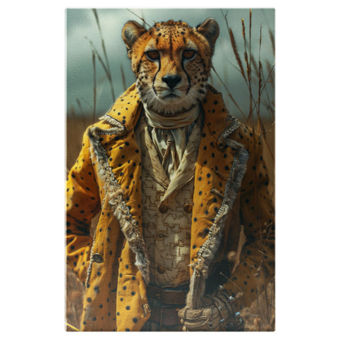 Animale - Tablou Canvas  Leopard cu Ochii Portocali Imbracat in Camasa si Vesta cu Palton Deasupra si Pantaloni cu Manusi , Pictura Digitala 40x25CM