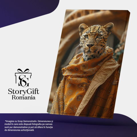 Tablou Canvas Leopard învelit de o robă aurie cu modele din mărgele - Leopard umanizat  , Pictura Digitala 40x25CM [4]