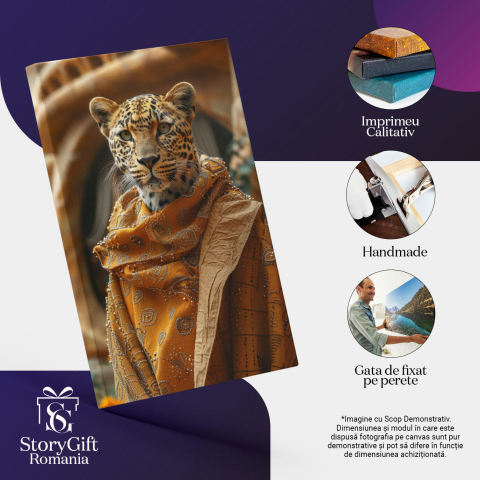 Tablou Canvas Leopard învelit de o robă aurie cu modele din mărgele - Leopard umanizat  , Pictura Digitala 40x25CM [2]