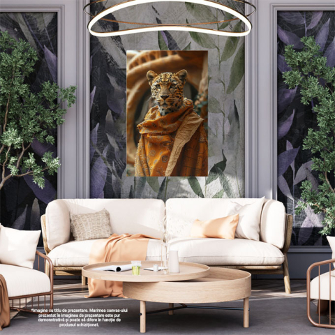 Tablou Canvas Leopard învelit de o robă aurie cu modele din mărgele - Leopard umanizat  , Pictura Digitala 40x25CM [1]