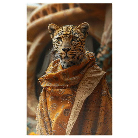 Animale - Tablou Canvas Leopard învelit de o robă aurie cu modele din mărgele - Leopard umanizat  , Pictura Digitala 40x25CM