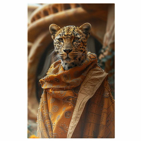 Animale - Tablou Canvas Leopard Îmbrăcat în Robă Aurie cu Mărgele, Marime 40x25CM
