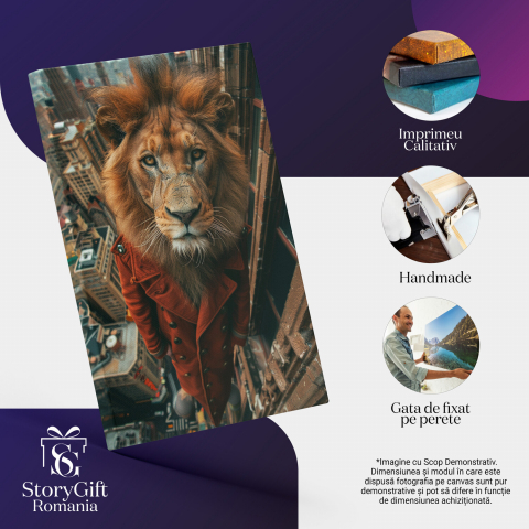 Leu Elegant în Palton Lung Roșu - Pictură Digitală, Marime 40x25CM [1]