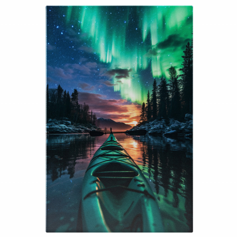 Apă & Natură - Liniștea Serii - Canoe pe Lacul Înconjurat de Brazi cu Cerul Verde-Albastru - Pictură Digitală, Marime 40x25CM