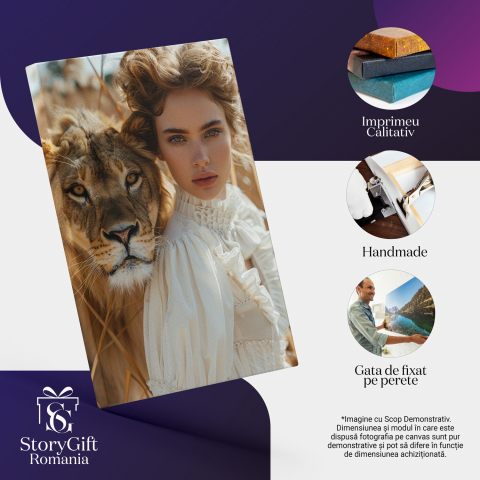 Tablou Canvas Fata în Rochie Albă cu Leoaica în Junglă - Pictură Digitală, Marime 40x25CM [1]