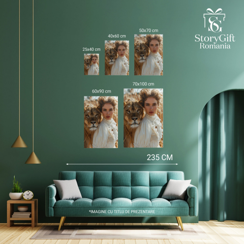 Tablou Canvas Fata în Rochie Albă cu Leoaica în Junglă - Pictură Digitală, Marime 40x25CM [3]