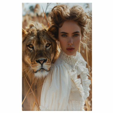 Tablou Canvas Fata în Rochie Albă cu Leoaica în Junglă - Pictură Digitală, Marime 40x25CM