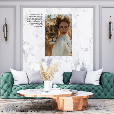 Tablou Canvas Fata în Rochie Albă cu Leoaica în Junglă - Pictură Digitală, Marime 40x25CM [2]