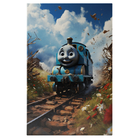 Personaje Desene Animate - Tablou Canvas:  Locomotiva Thomas aflata pe sine in pustietate pornit in cautarea noii aventuri-pentru Iubitorii de desene animate Pictura Digitala 40x25CM