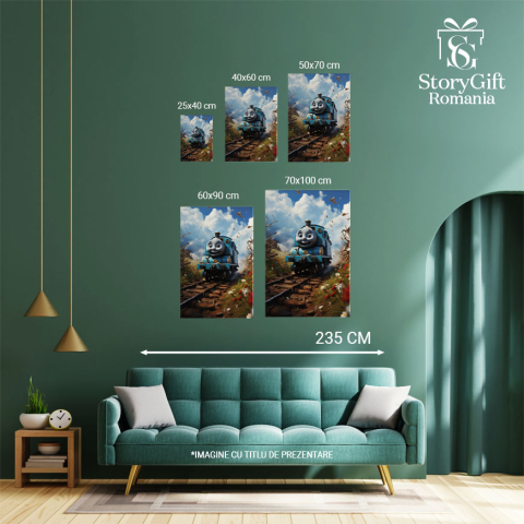 Tablou Canvas:  Locomotiva Thomas aflata pe sine in pustietate pornit in cautarea noii aventuri-pentru Iubitorii de desene animate Pictura Digitala 40x25CM [3]