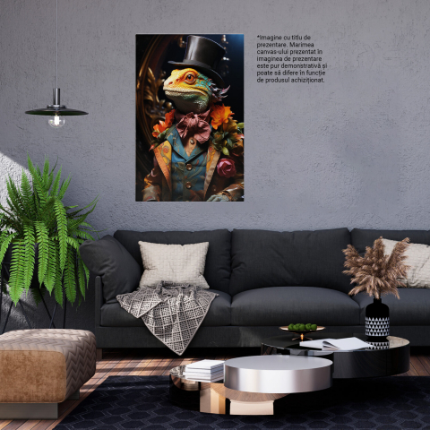 Tablou Canvas - Schimbări Cameleonice: Reptila cu Joben și Flori Policromate, Marime 40x25CM [2]