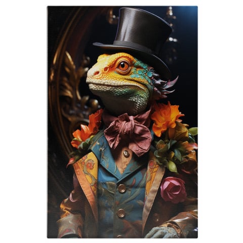 Tablou Canvas - Schimbări Cameleonice: Reptila cu Joben și Flori Policromate, Marime 40x25CM