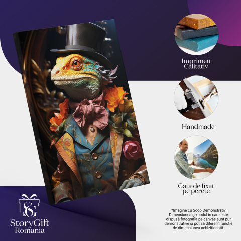 Tablou Canvas - Schimbări Cameleonice: Reptila cu Joben și Flori Policromate, Marime 40x25CM [1]