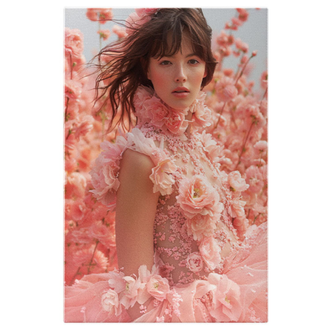 Modă - Tablou Canvas:  Lumea Roz Fata cu Pistrui in Rochie Lunga si Camp de Trandafiri Pictura Digitala 40x25CM