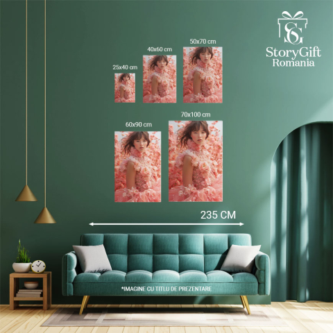 Tablou Canvas:  Lumea Roz Fata cu Pistrui in Rochie Lunga si Camp de Trandafiri Pictura Digitala 40x25CM [3]