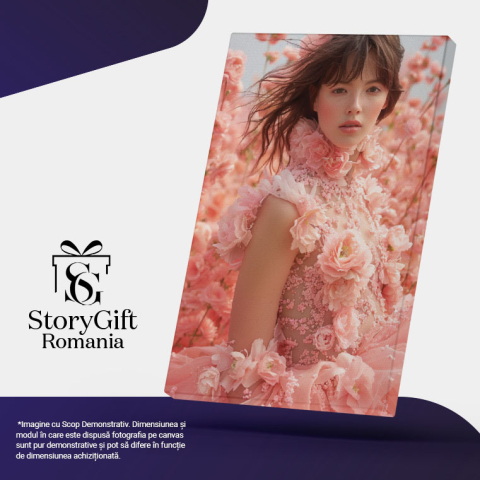 Tablou Canvas:  Lumea Roz Fata cu Pistrui in Rochie Lunga si Camp de Trandafiri Pictura Digitala 40x25CM [4]