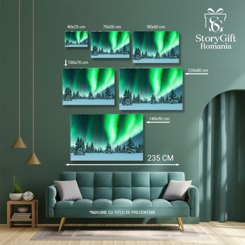 Tablou Canvas Luminile Nordului in Padurea de Iarna, Aurora Boreala, Peisaj Nordic, Munti Albastri 3361 40x25CM [4]