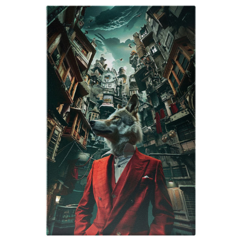 Abstract - Tablou Canvas Lup ce acaparează întregul oraș cu eleganța sa- Costum cu sacou și vestă roșii , Pictura Digitala 40x25CM