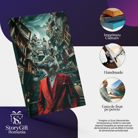 Tablou Canvas Lup ce acaparează întregul oraș cu eleganța sa- Costum cu sacou și vestă roșii , Pictura Digitala 40x25CM [2]