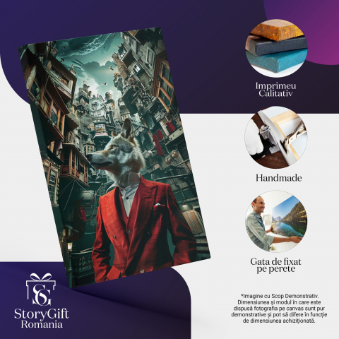 Tablou Canvas - Lup Elegant în Costum cu Sacou și Vestă Roșie, Marime 40x25CM [1]