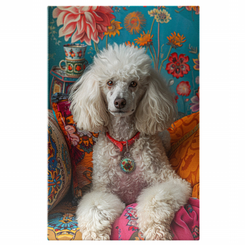 Câini - Luxul Câinelui de Poală - Tablou Canvas cu Îmbrățișare Pufoasă în Fotoliul din Brocart, Marime 40x25CM