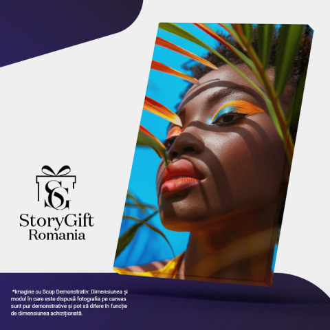 Tablou Canvas Machiajul Tropical al Femeii Arapcă Curcubeu pe Cerul Senin Albastru Intens , Pictura Digitala 40x25CM [4]