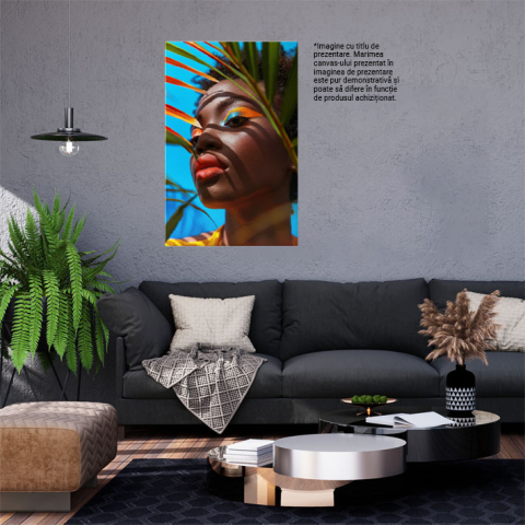 Tablou Canvas Machiajul Tropical al Femeii Arapcă Curcubeu pe Cerul Senin Albastru Intens , Pictura Digitala 40x25CM [1]