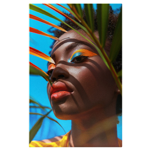 Portret - Tablou Canvas Machiajul Tropical al Femeii Arapcă Curcubeu pe Cerul Senin Albastru Intens , Pictura Digitala 40x25CM