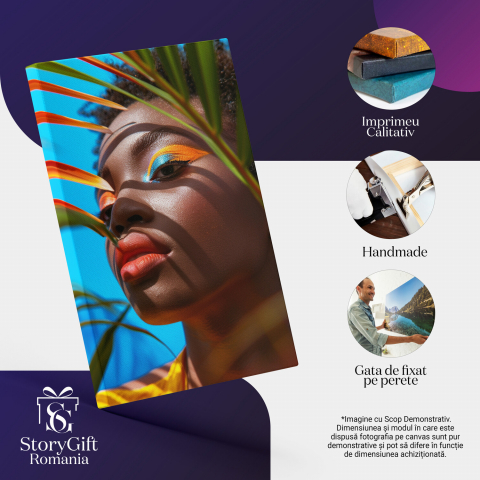 Machiaj Tropical al Femeii Arabe - Tablou Canvas cu Cer Albastru Intens, Marime 40x25CM [1]