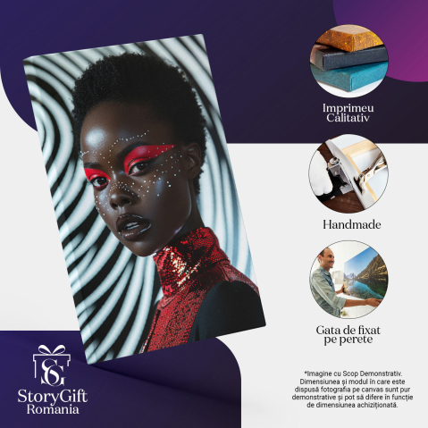 Tablou Canvas:  Magia unui machiaj roșu intens cu sclipici - Frumusețe prin haine extravagante Pictura Digitala 40x25CM [2]