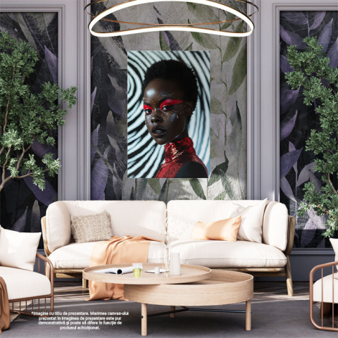 Tablou Canvas:  Magia unui machiaj roșu intens cu sclipici - Frumusețe prin haine extravagante Pictura Digitala 40x25CM [1]