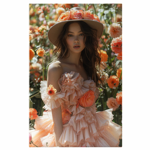 Fata în Rochie Roz Pal cu Palarie de Flori - Pictură Digitală, Marime 40x25CM