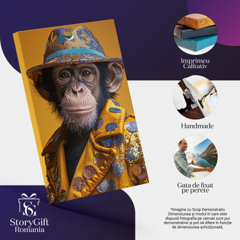 Maimuța cu Banuți Strălucitori pe Paltonul Galben - Pictură Digitală, Marime 40x25CM [1]