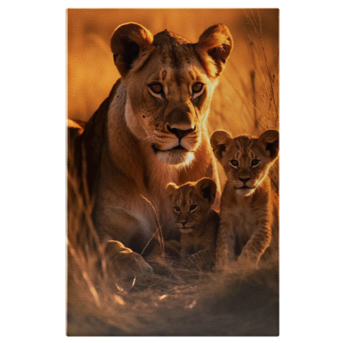 Animale - Tablou Canvas:  Mama leoaica si puii ei - grija materna protectie salbaticie Pictura Digitala 40x25CM