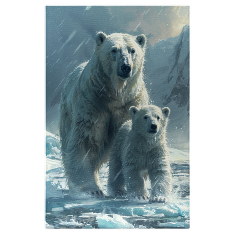 Aurora Boreală - Tablou Canvas:  Mama si Puiul , doi Ursu Polari Suparati care stau in Ninsoare pe Apa Inghetata  Pictura Digitala 40x25CM