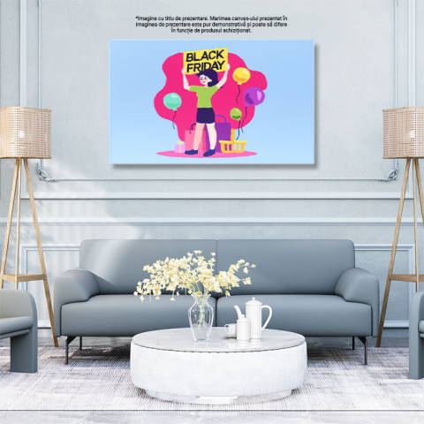Tablou Canvas Marea Reclama la Reducerile de Black Friday ale Fetei cu Tricou Verde si Fusta langa Baloane 40x25CM [2]