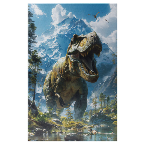 Animale - Tablou Canvas  Marele Dinozaur Inspaimantator Prinde Pasarile care Zboara cu Munti Inzapeziti in Spate , Pictura Digitala 40x25CM