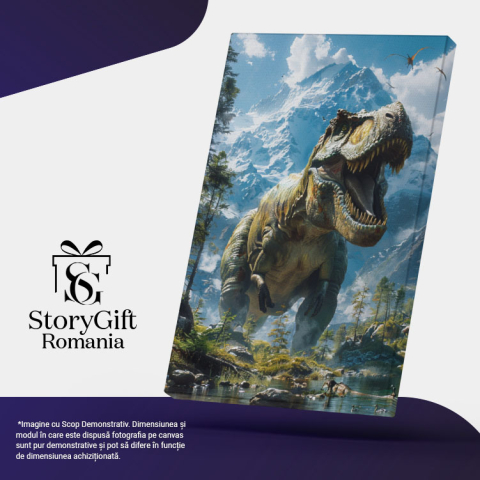 Tablou Canvas  Marele Dinozaur Inspaimantator Prinde Pasarile care Zboara cu Munti Inzapeziti in Spate , Pictura Digitala 40x25CM [4]
