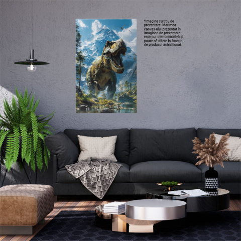 Tablou Canvas  Marele Dinozaur Inspaimantator Prinde Pasarile care Zboara cu Munti Inzapeziti in Spate , Pictura Digitala 40x25CM [1]
